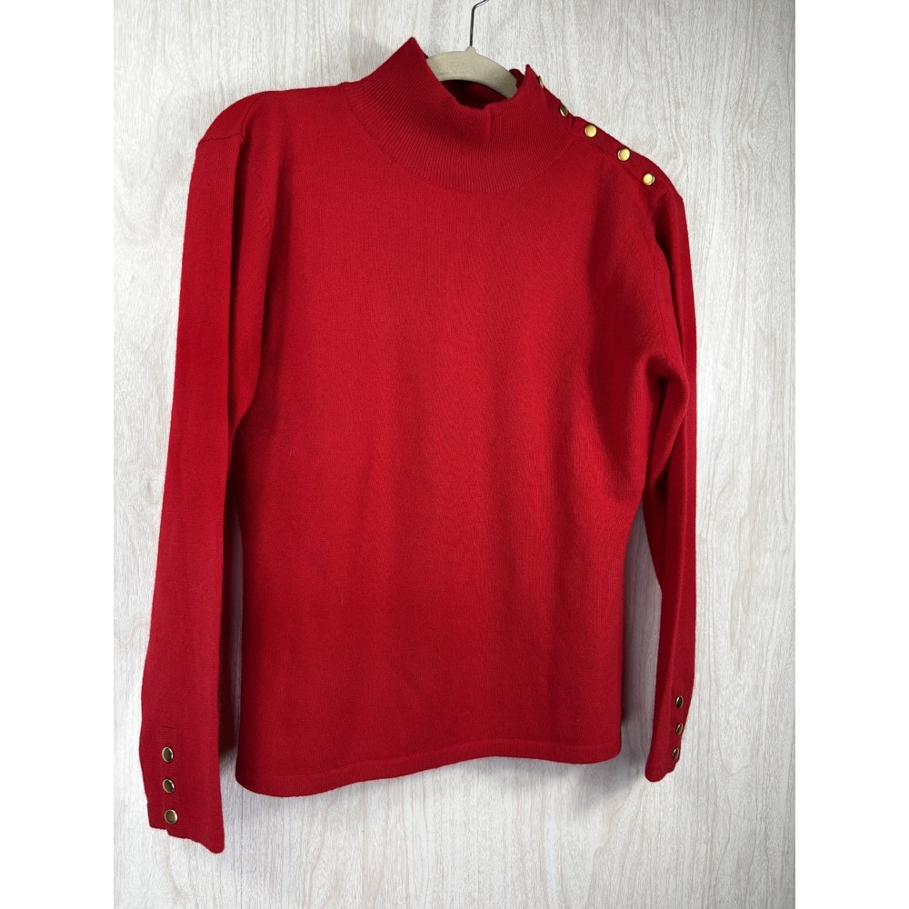Evan Picone Red Wool Cashmere Turtleneck Gold Button Sweater Womens M Vintage